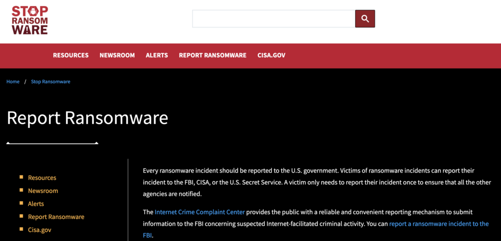 cisa's homepage for reporting ransomware
